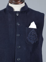 Navy blue woolen waistcoat with zardosi on pocket