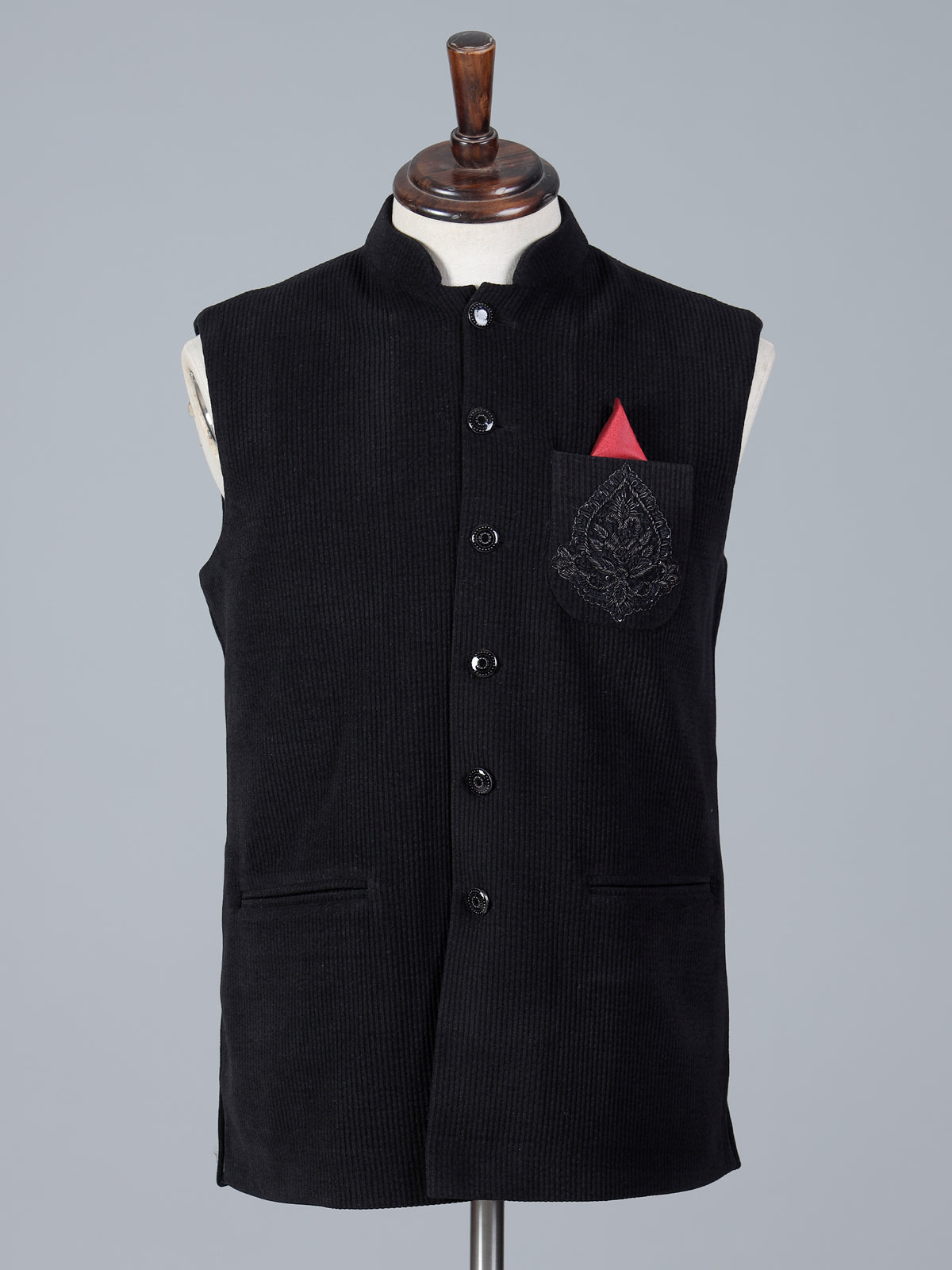 Black woolen waistcoat with zardosi work on pocket