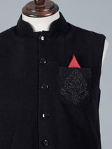 Black woolen waistcoat with zardosi work on pocket