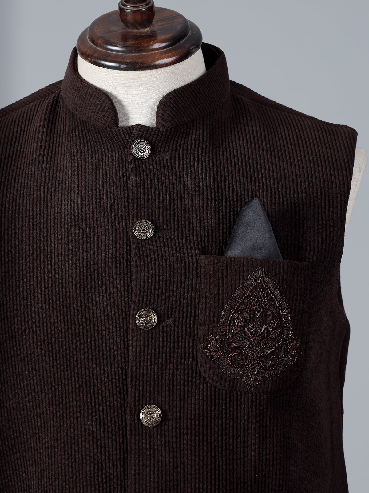 Dark brown woolen waistcoat with embellished pocket