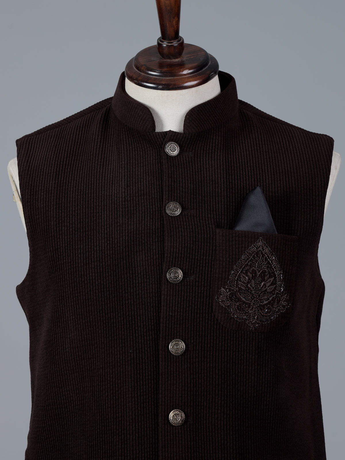 Dark brown woolen waistcoat with embellished pocket