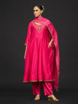 Magenta resham work silk kurti set