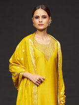 Mustard yellow resham and sequins work silk kurti set