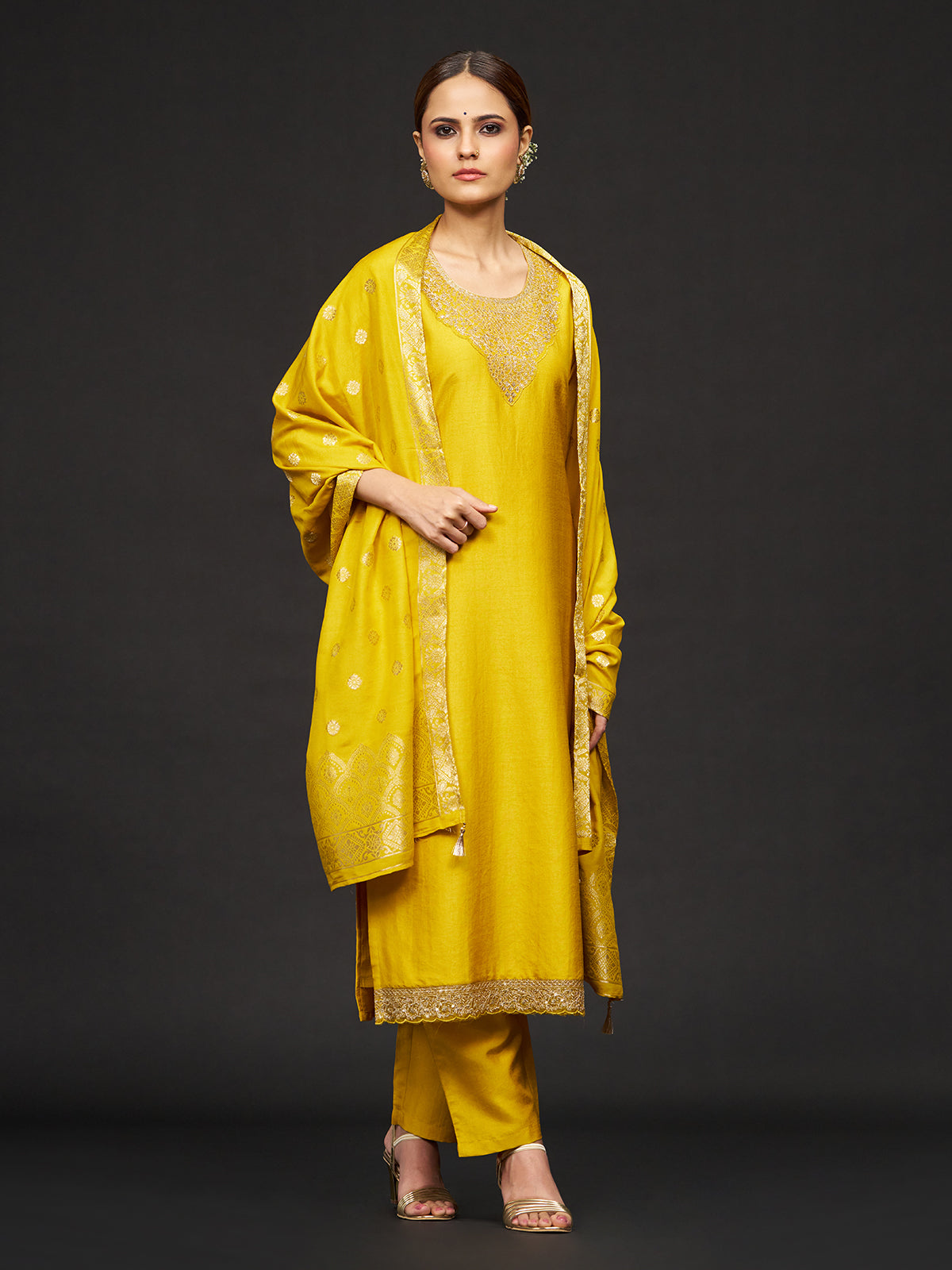 Mustard yellow resham and sequins work silk kurti set