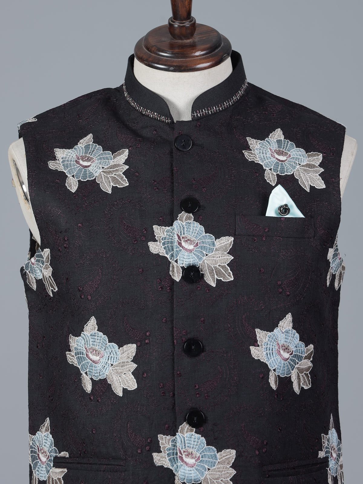 Black cotton waistcoat with embroidered detail