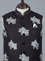 Black cotton waistcoat with embroidered detail
