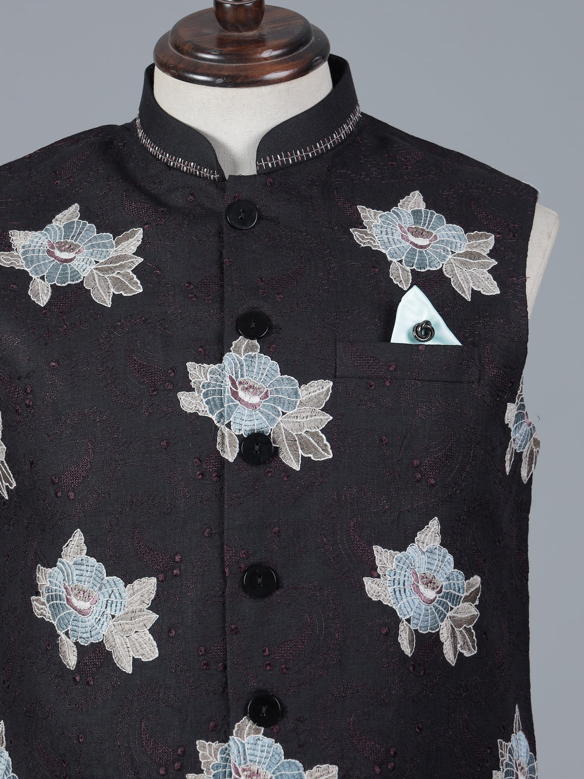 Black cotton waistcoat with embroidered detail
