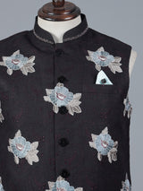 Black cotton waistcoat with embroidered detail