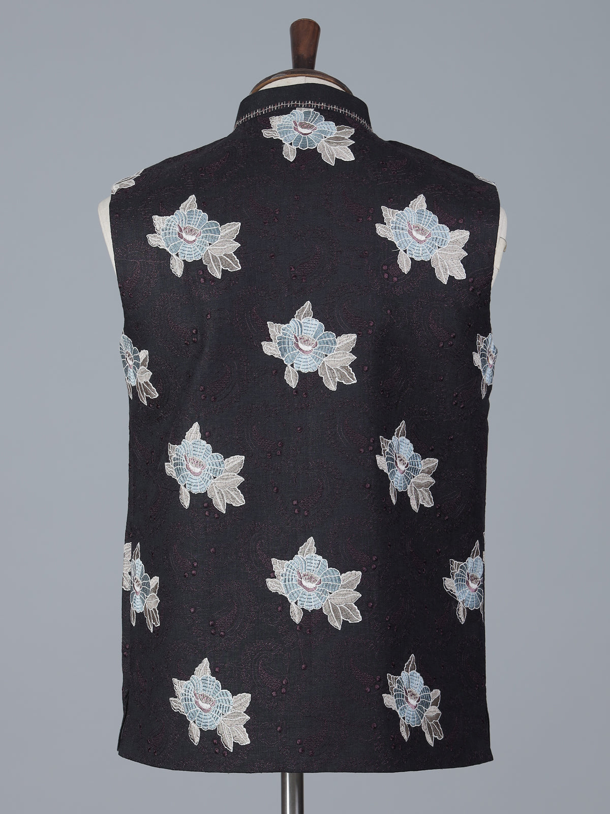 Black cotton waistcoat with embroidered detail