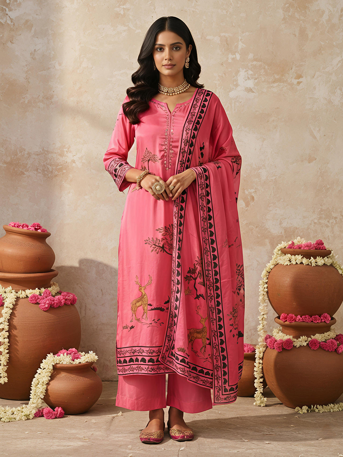 Pink printed thread and sequins palazzo kurti set