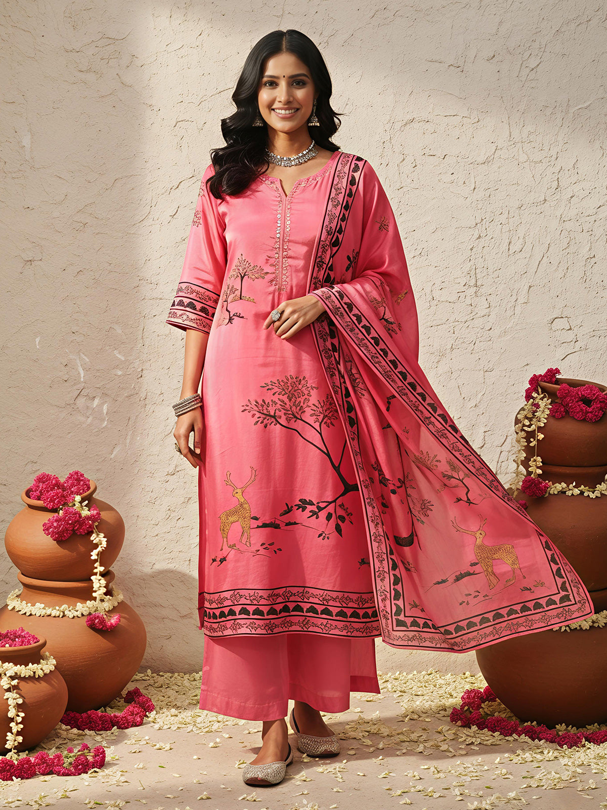 Pink printed thread and sequins palazzo kurti set