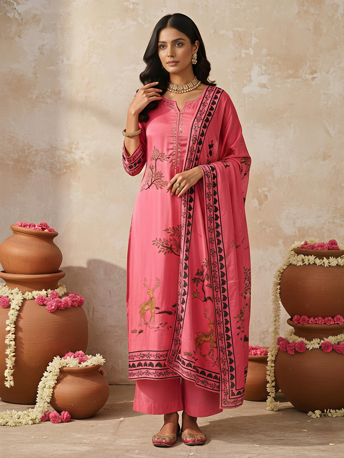 Pink printed thread and sequins palazzo kurti set