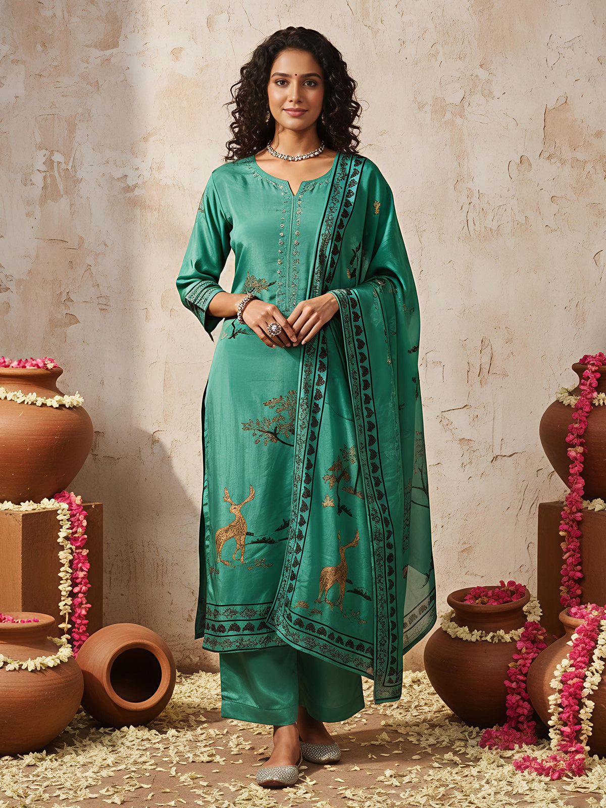 Rama green printed thread and sequins palazzo kurti set