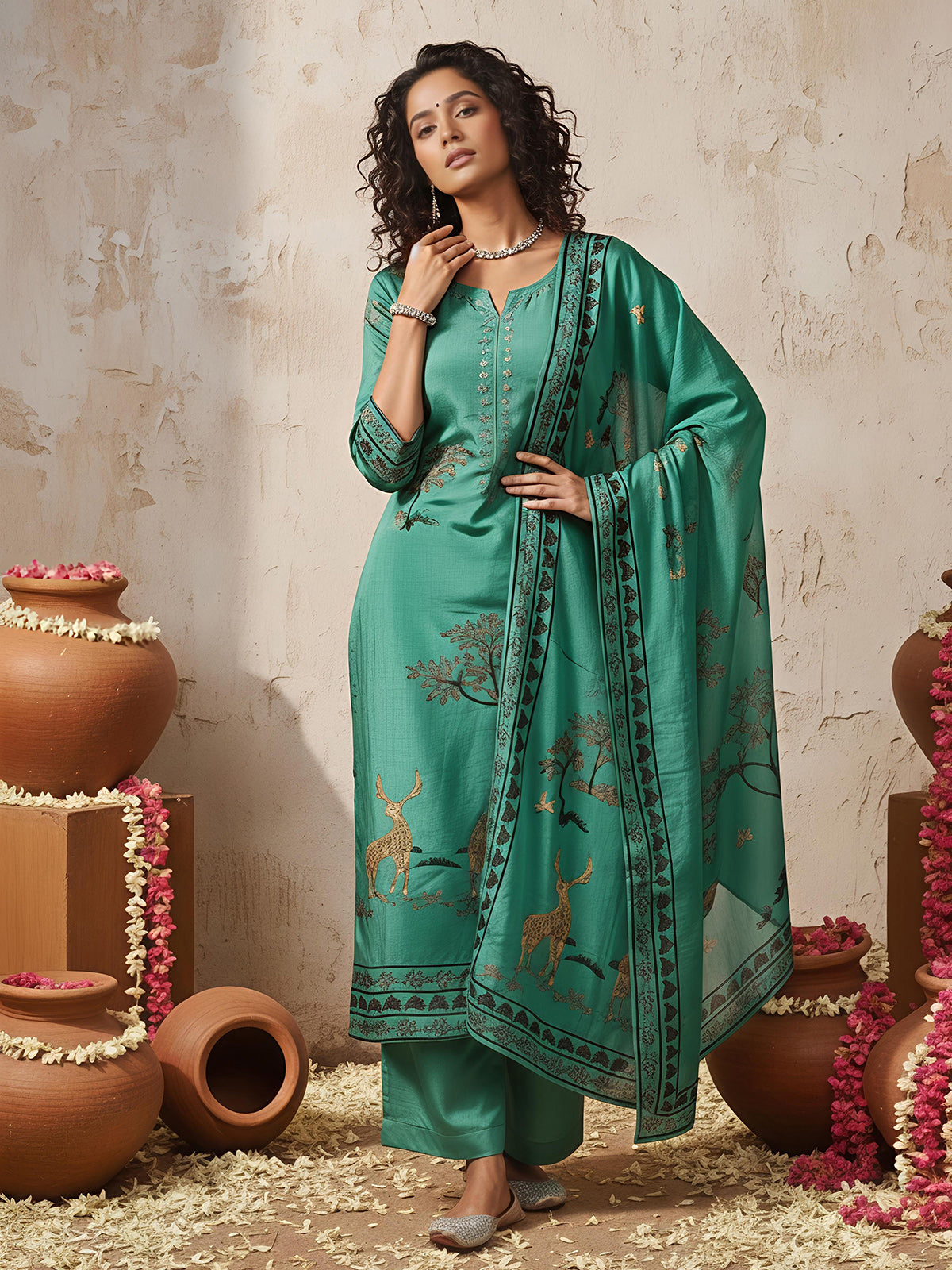 Rama green printed thread and sequins palazzo kurti set
