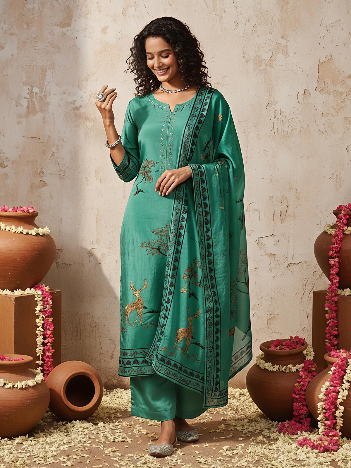 Rama green printed thread and sequins palazzo kurti set