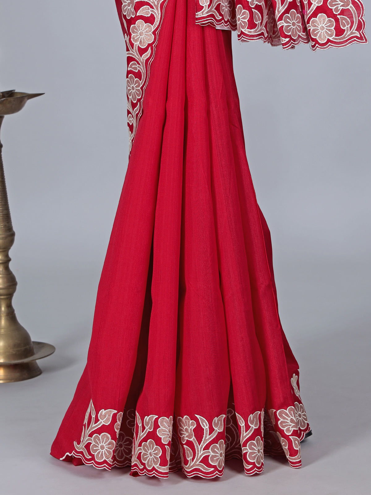 Red semi silk embroidered festive saree