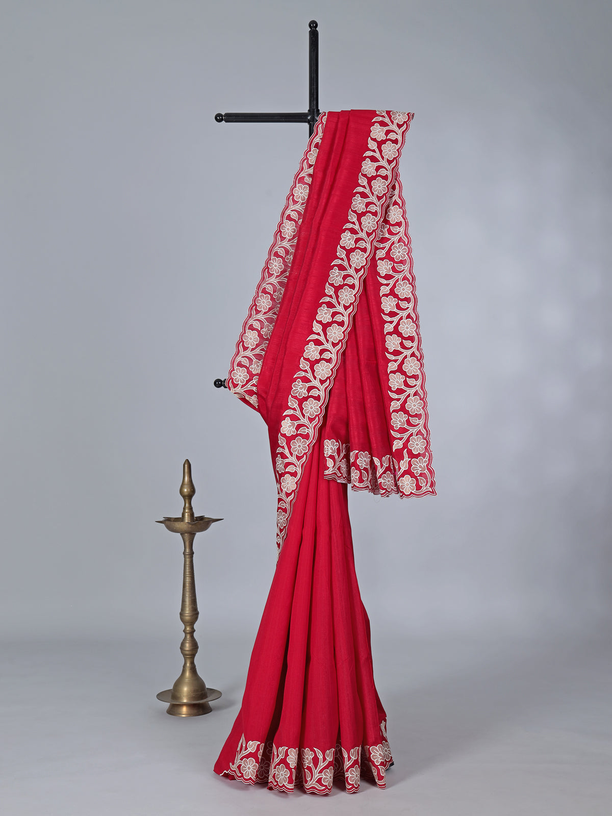 Red semi silk embroidered festive saree