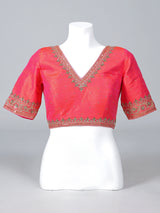 Orange raw silk zardosi embellished V neck blouse