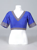 Blue raw silk zardosi V neck designer blouse