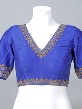 Blue raw silk zardosi V neck designer blouse