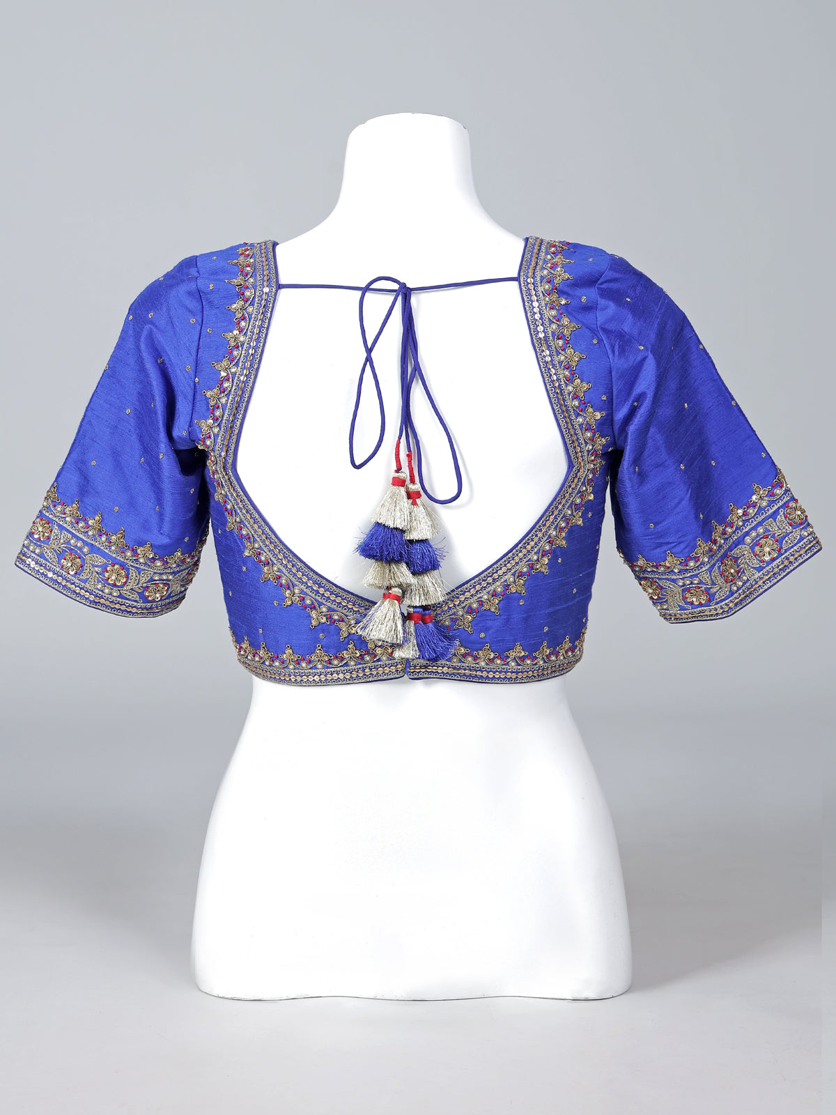 Blue raw silk zardosi V neck designer blouse