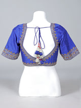 Blue raw silk zardosi V neck designer blouse