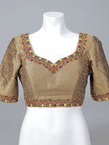 Beige raw silk mirror work sweetheart neck blouse