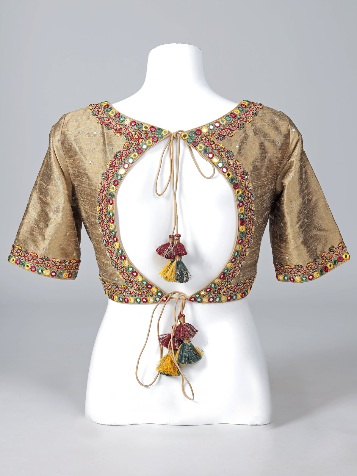 Beige raw silk mirror work sweetheart neck blouse