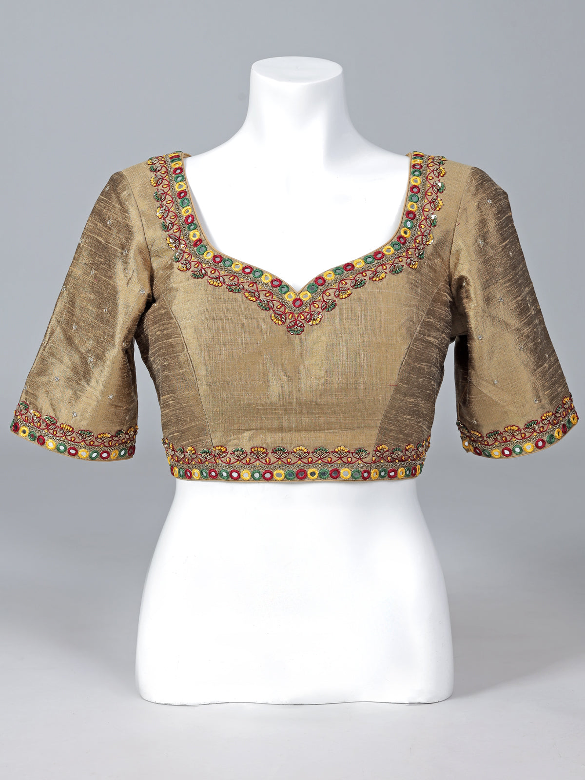 Beige raw silk mirror work sweetheart neck blouse