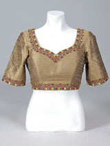 Beige raw silk mirror work sweetheart neck blouse