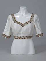 White raw silk mirror work sweetheart neck blouse