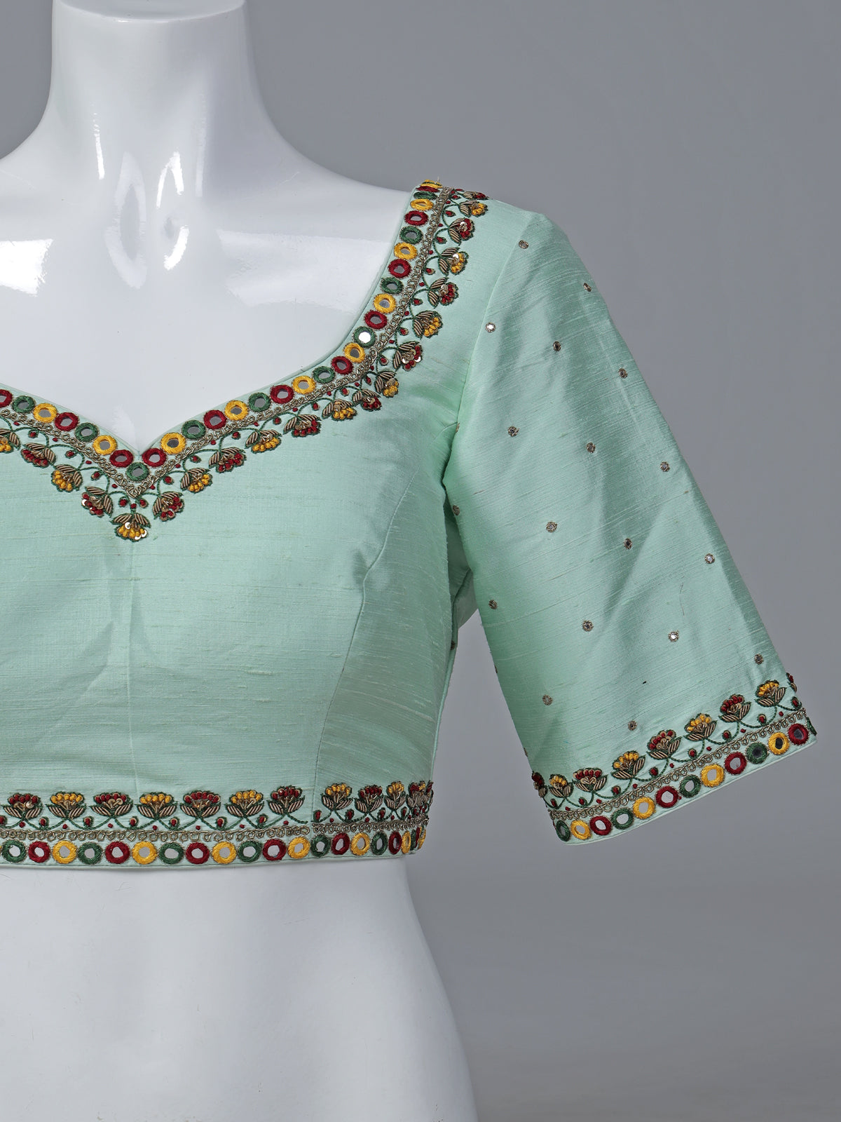Aqua blue raw silk mirror work blouse