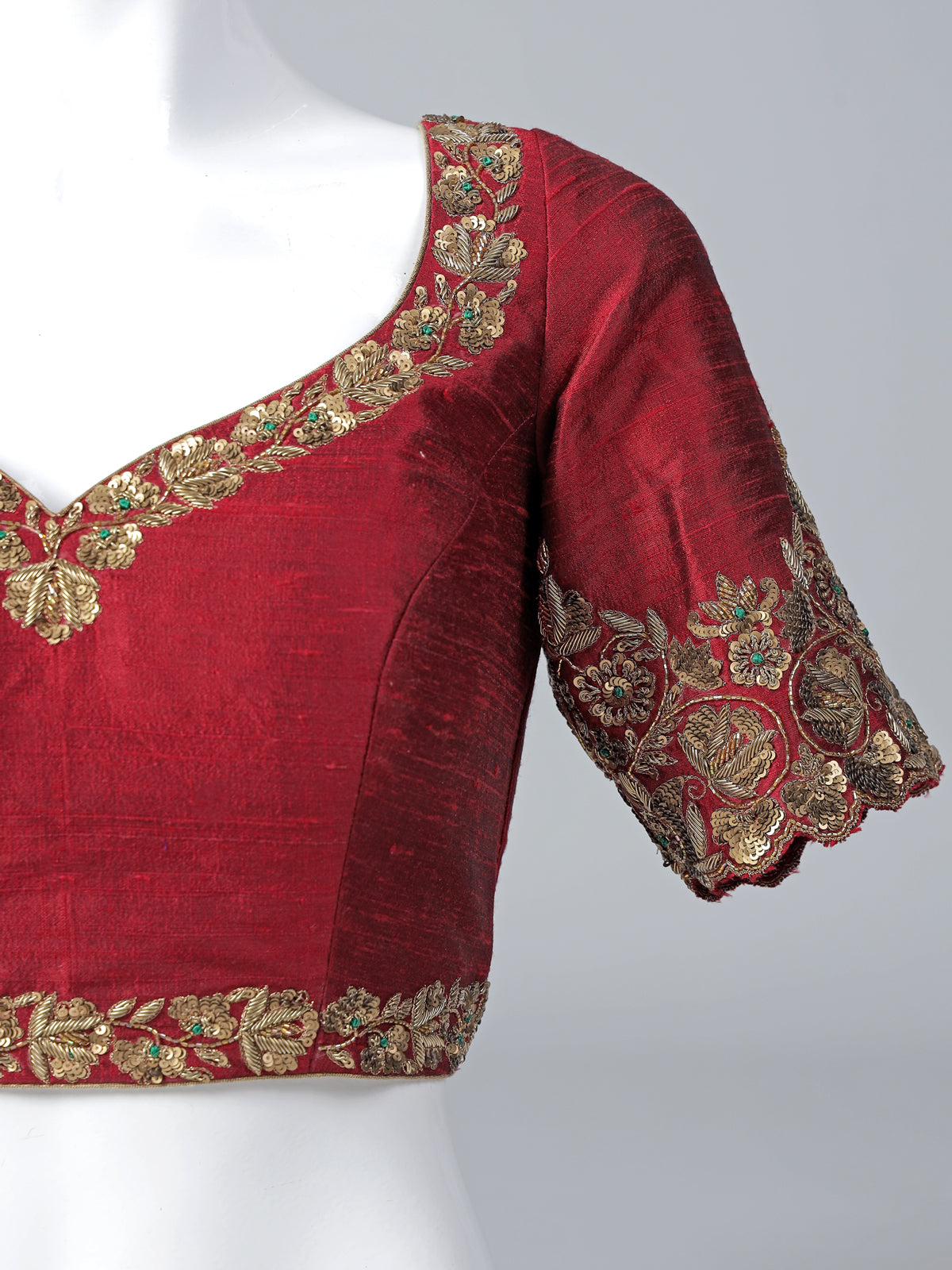 Maroon raw silk zardosi work sweetheart blouse