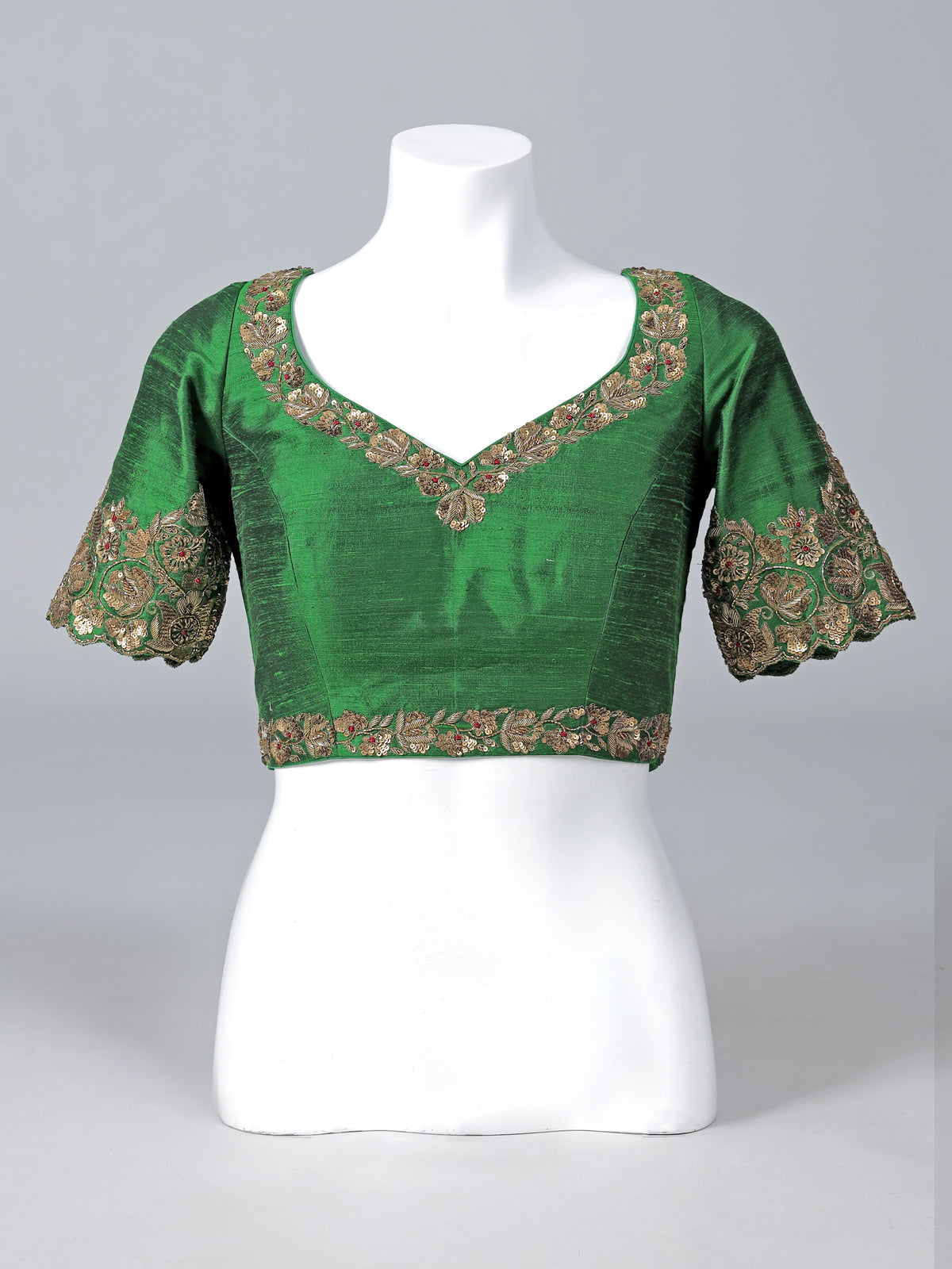 Green raw silk zardosi work sweetheart blouse