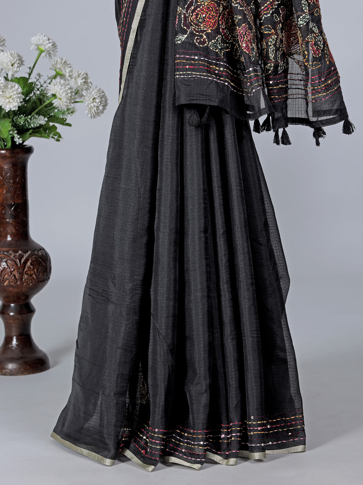 Black cotton silk saree with thread and sequins work
