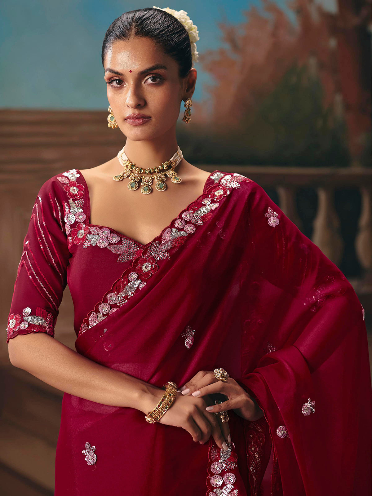 Wine fancy tissue silk embroidered saree