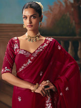 Wine fancy tissue silk embroidered saree