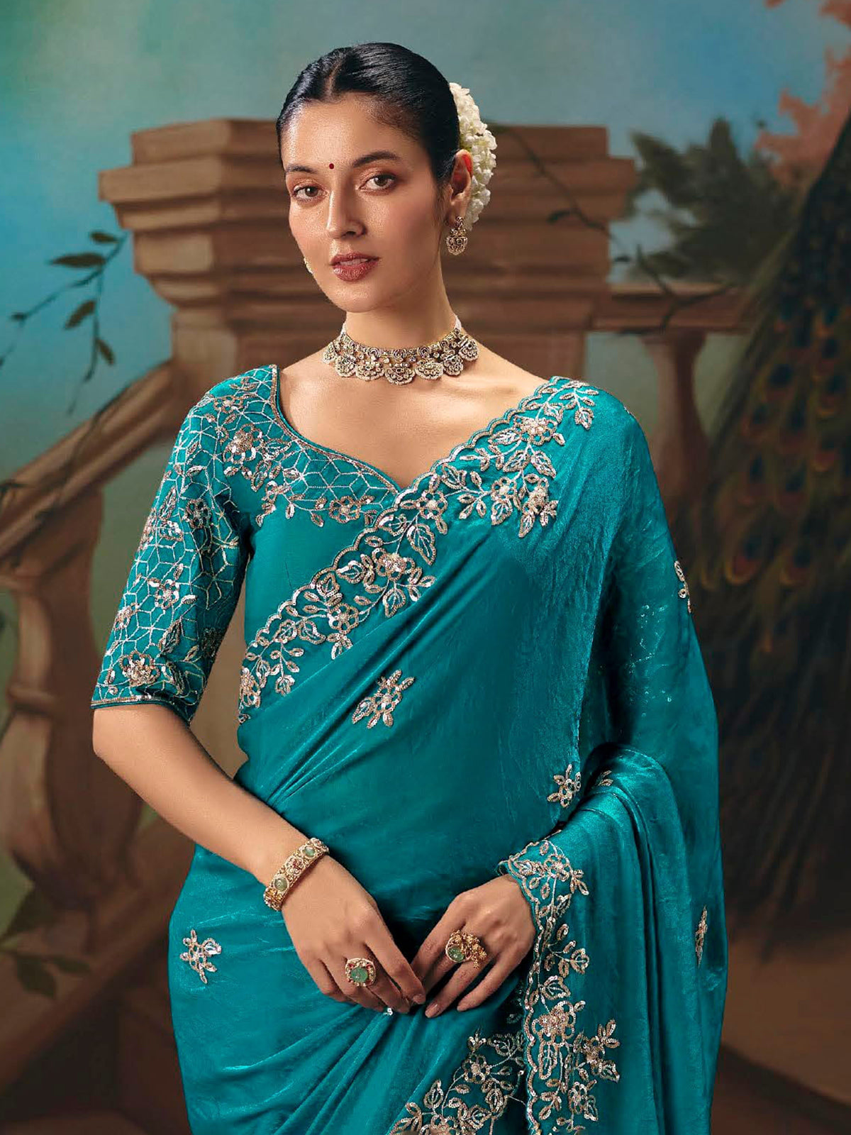 Aqua blue chiffon silk festive saree