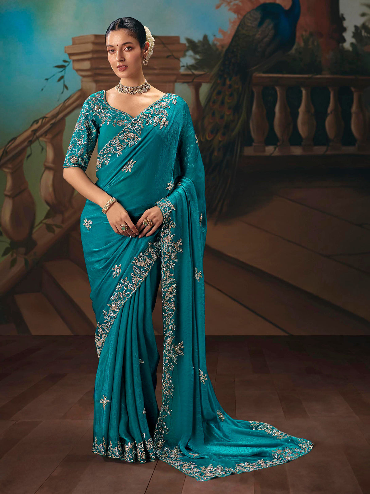 Aqua blue chiffon silk festive saree