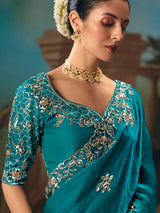 Aqua blue chiffon silk festive saree