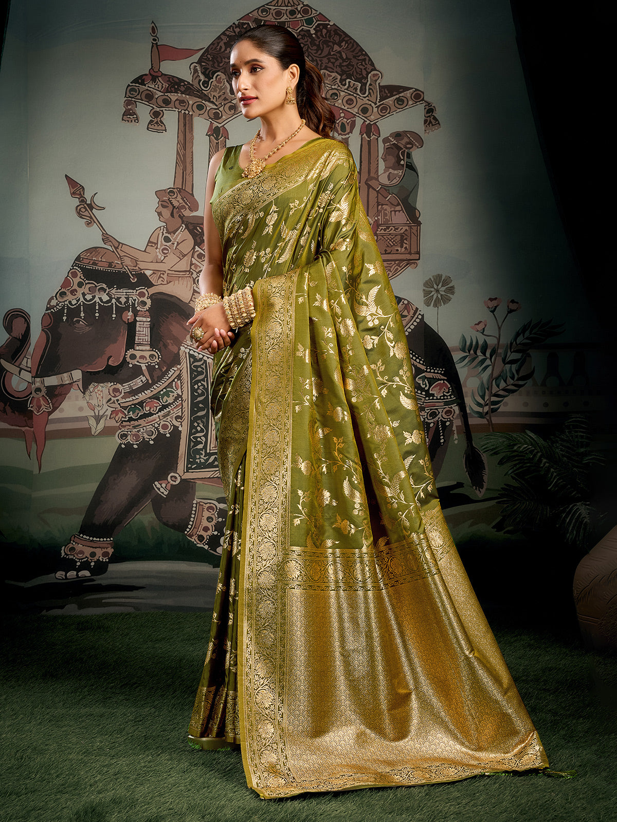 Mehendi green silk zari worked saree