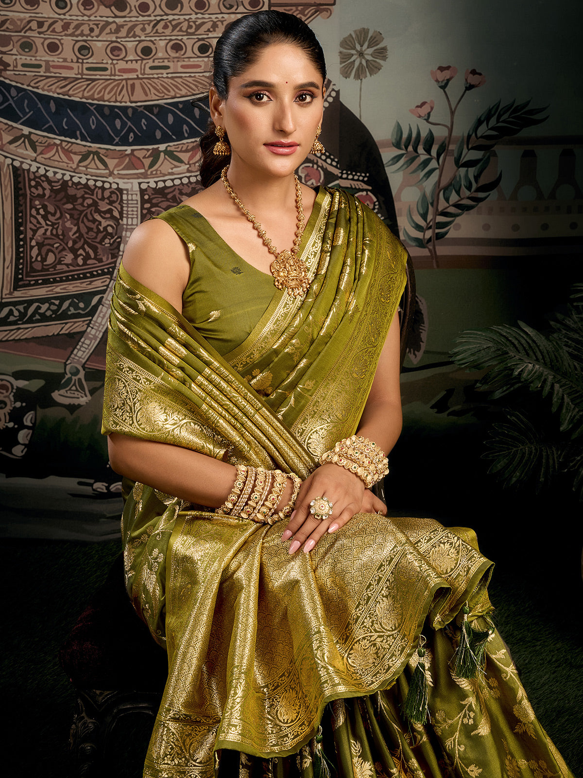 Mehendi green silk zari worked saree