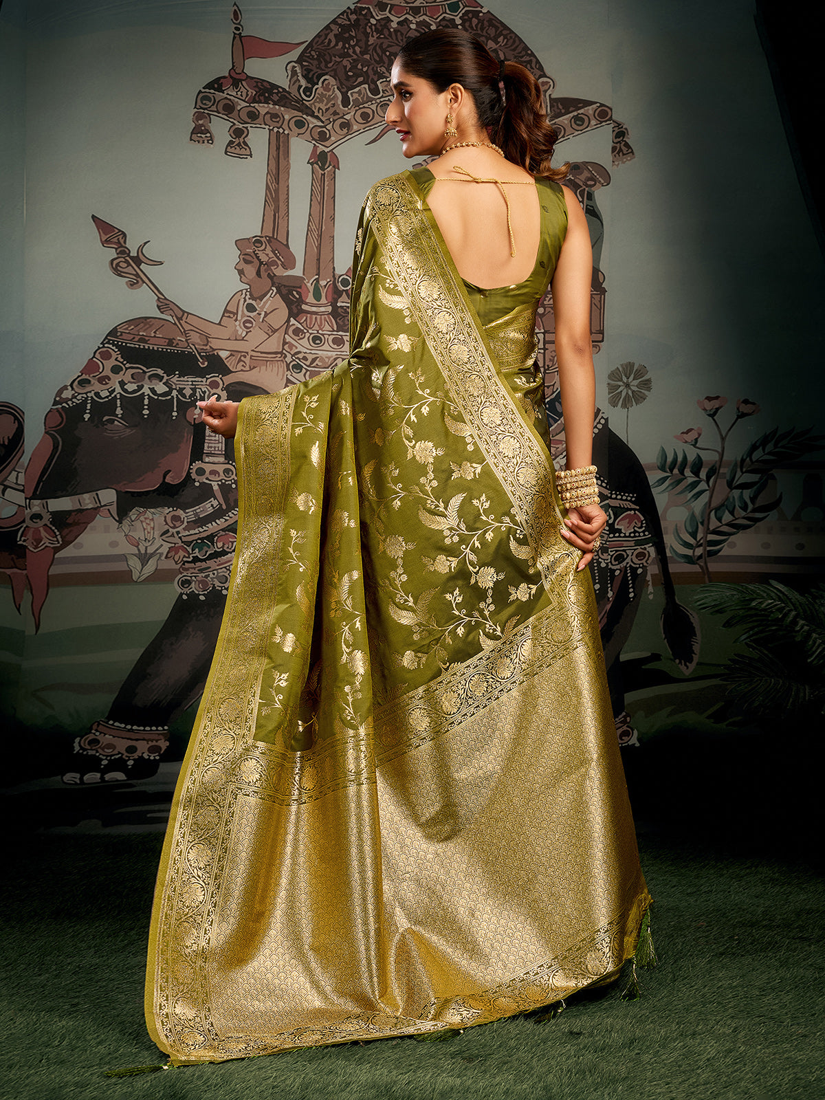 Mehendi green silk zari worked saree