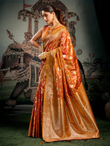Orange zari worked silk saree for festival