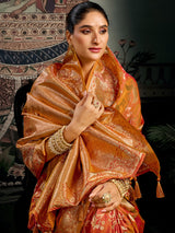 Orange zari worked silk saree for festival