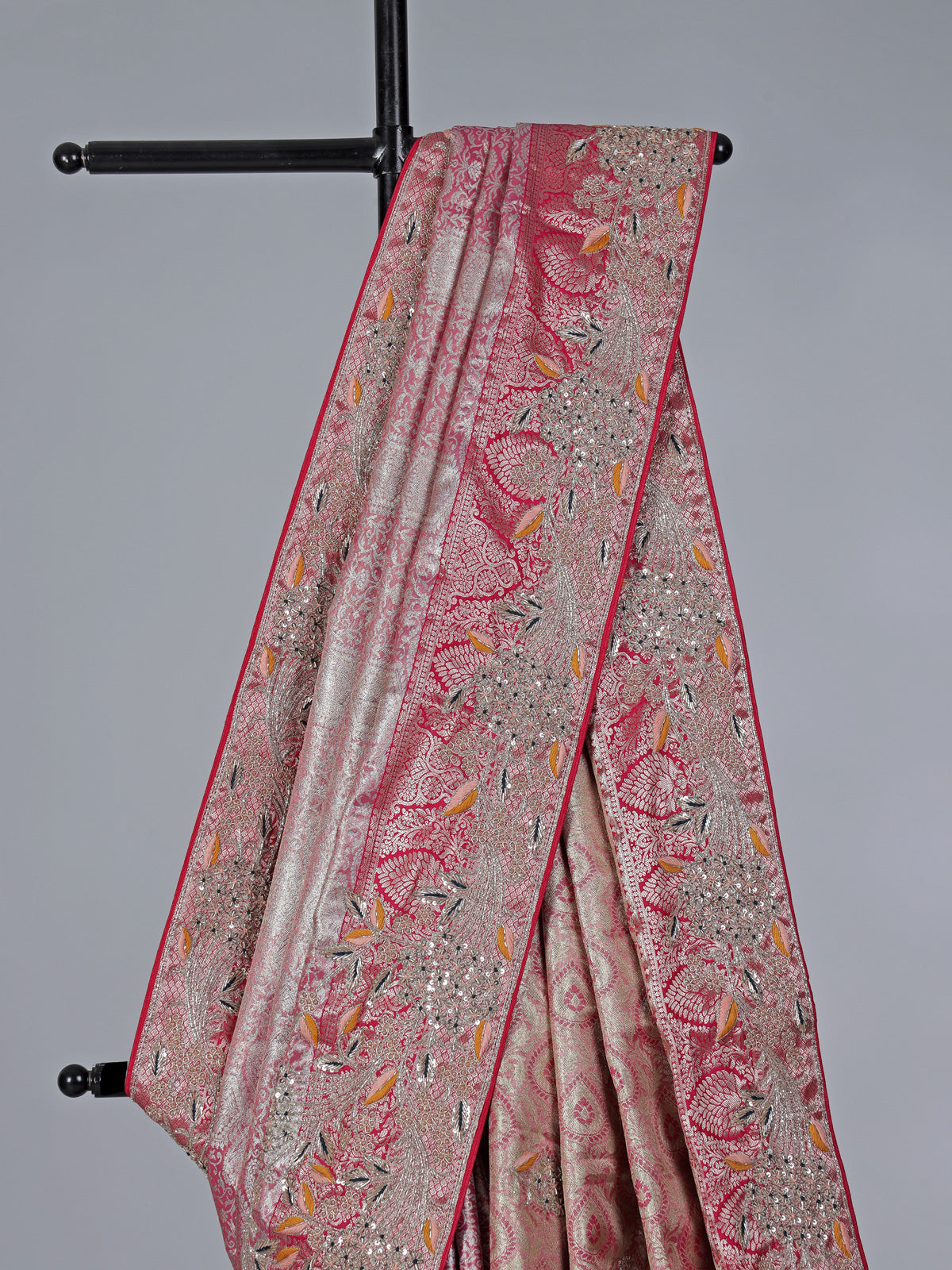 Rani pink semi kanjivaram silk saree with zardosi work