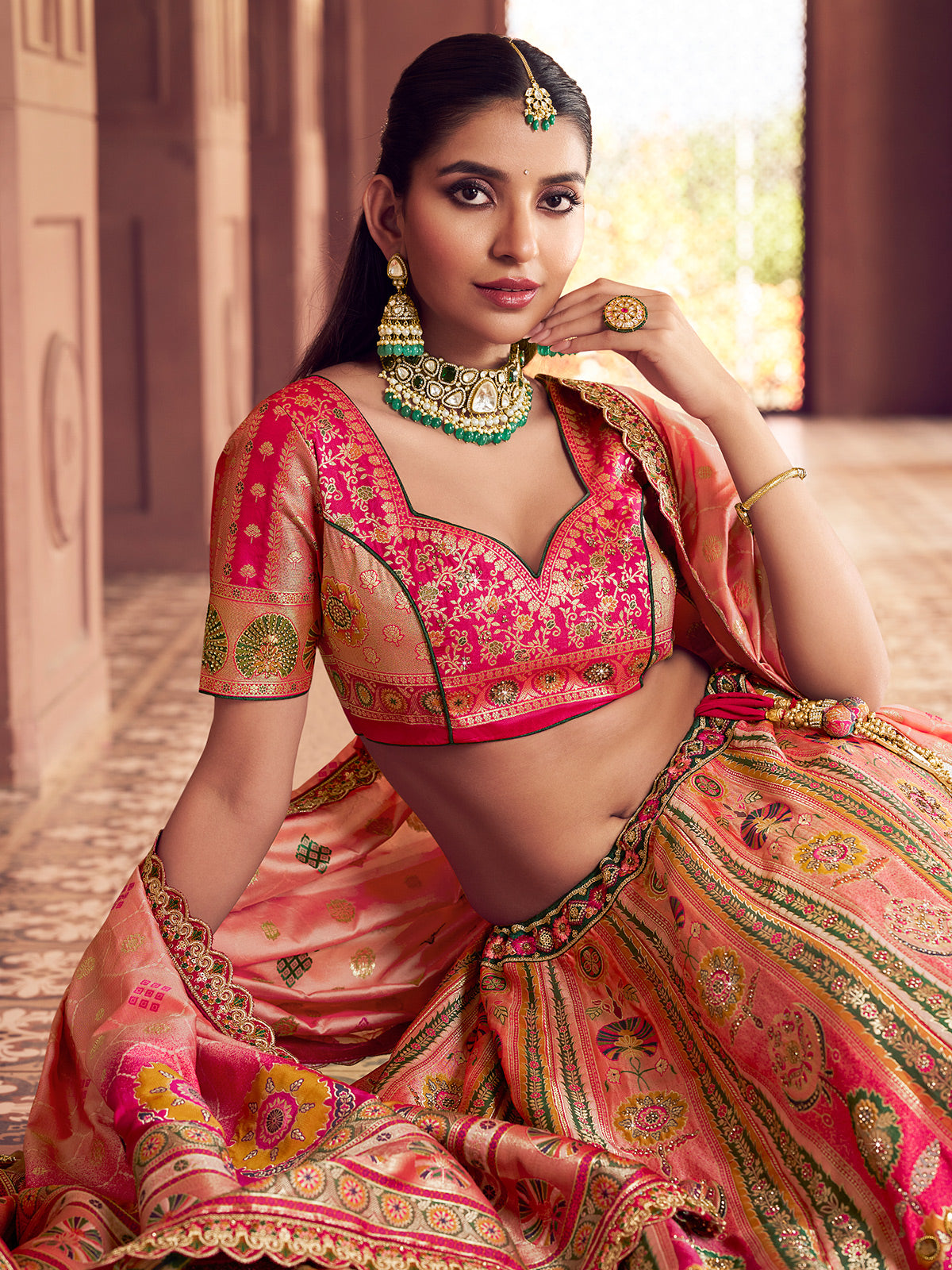 Pink banarasi silk lehenga choli with rich zari shine