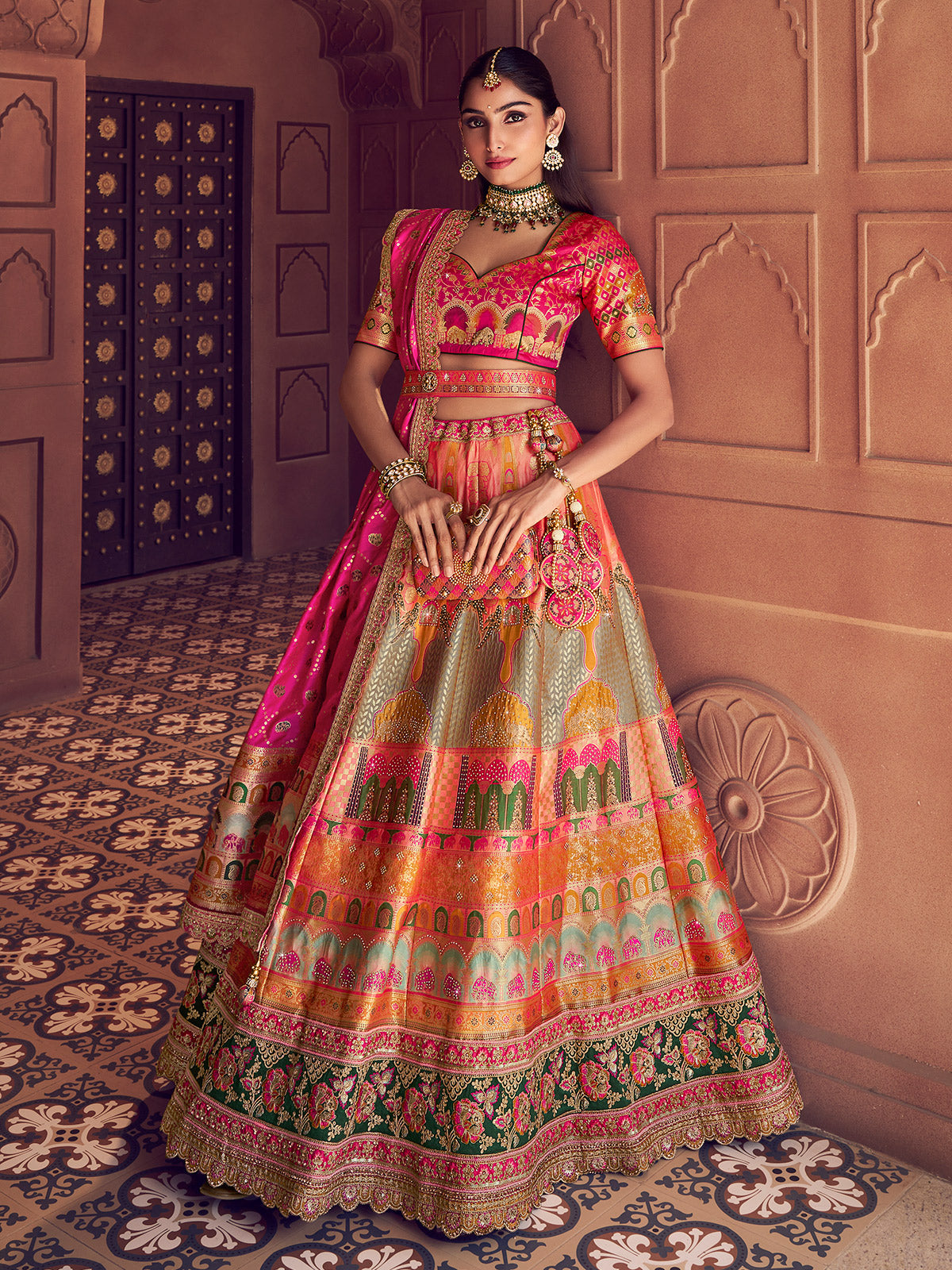 Multicolor zari worked banarasi silk lehenga choli
