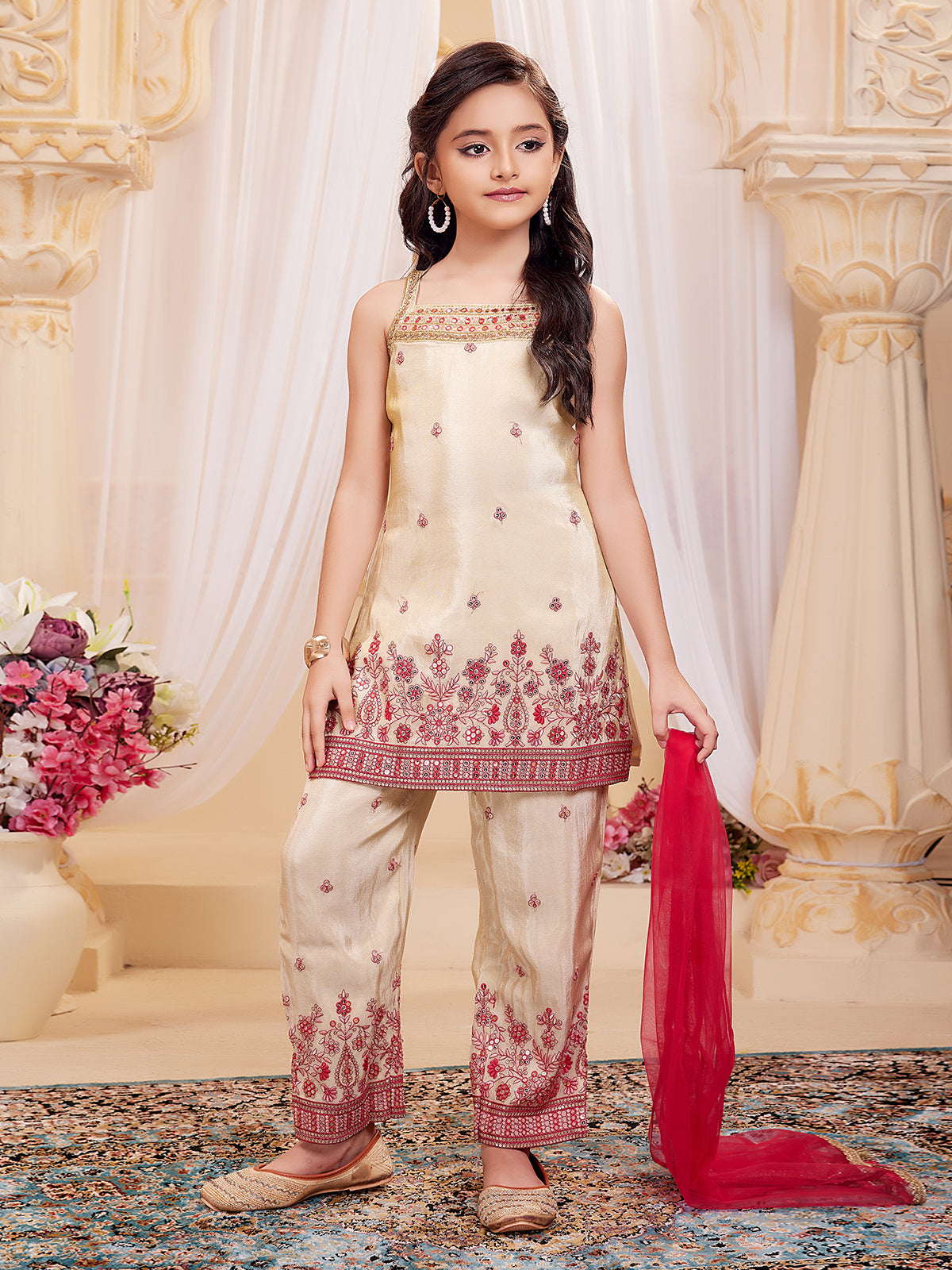 Cream festive wear silk salwar suit for girls