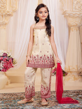 Cream festive wear silk salwar suit for girls